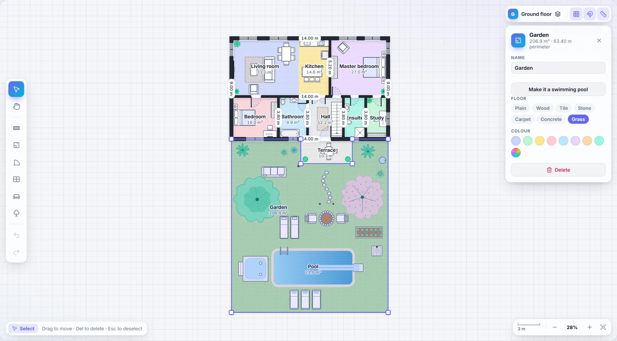 The editor: walls, rooms, doors, furniture